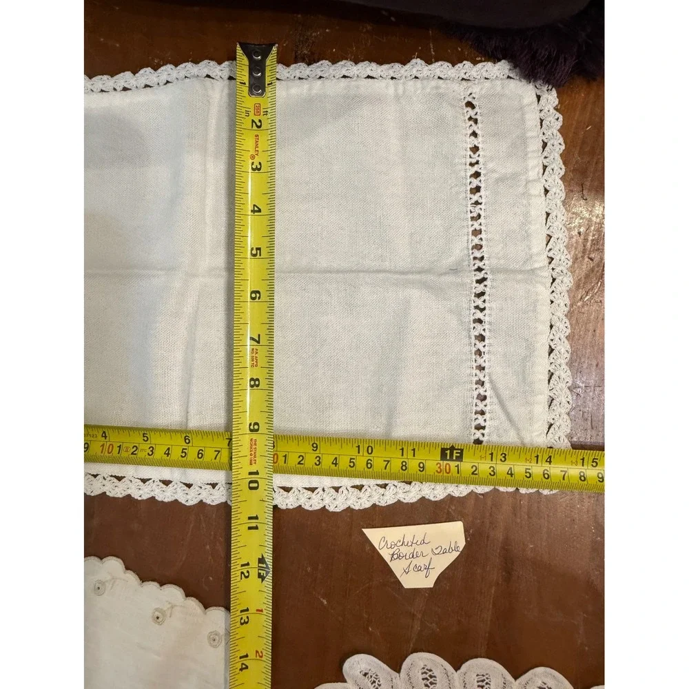 Vintage Battenberg Lace and Crocheted Linen Table Scarf Doily Set 4pc White